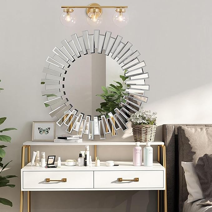 BST FURNH Large Round Mirror Wall Decor 32 Inches Big Decorative Wall Mirror with Irregular Framed and Beveled Edge Mirrors for Wall Silver Large Wall Mirror Frameless Mirrors