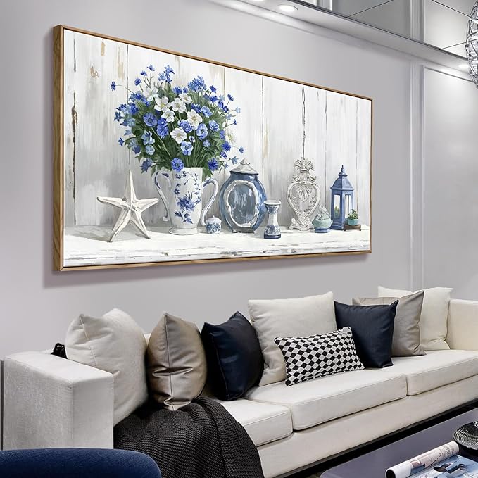 Nicetop Oversized Framed Wall Art for Living Room – Large Floral Canvas Print Blue and White Still Life Artwork Giant Shabby Chic Picture Bedroom Dining Room Office Beach Rustic Country Decor 58x29 Inch