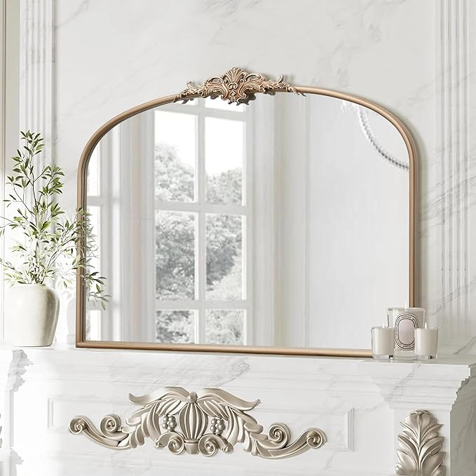 Arched Vintage Gold Mirror: 40"x30" Large Champagne Gold Antique Wall Mounted Mirror - Baroque Traditional Ornate for Fireplace/Bathroom/Living Room - Home Decor for Housewife