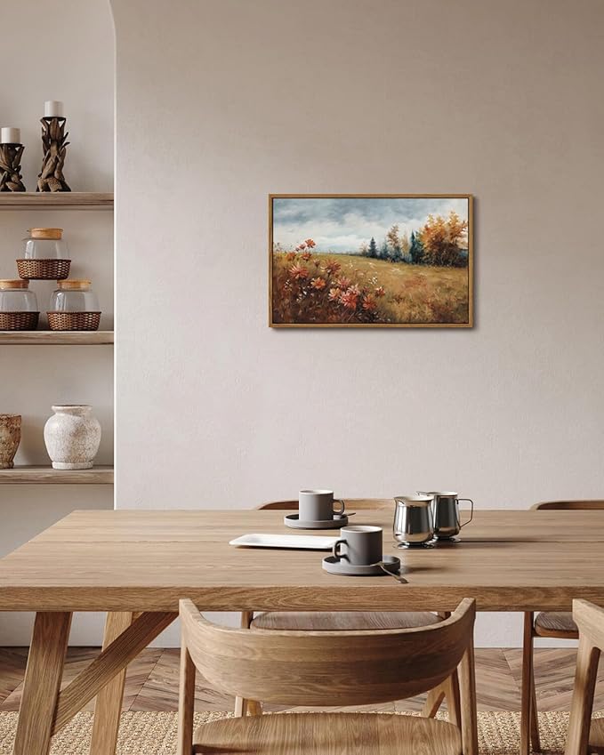 KISSFOX Vintage Fall Countryside Framed Wall Art Autumn Wildflower Forest Landscape Canvas Art Farmhouse Floral Golden Fields Paintings Artwork Rustic Serene Art Prints For Kitchen Living room Bedroom