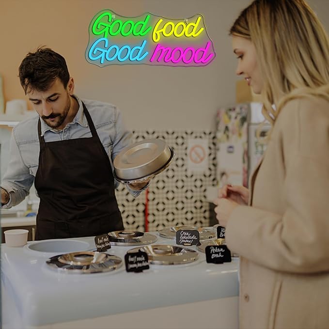 Looklight Good Food Good Mood Neon Sign Letter Neon Signs for Wall Decor Colorful Led Lights for Kitchen Fast Food Shop Cafe Restaurant Store Snack Shop Room Decorations Gifts
