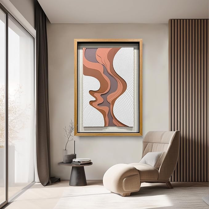 BrightA 5-Layer Wood ReliefWooden Wall Art Fluid Curves in Warm Brown & Ash Grey with Linear Grain Background, Framed in Solid Wood & Tempered Glass for Contemporary Walls 27.5"x39.4"