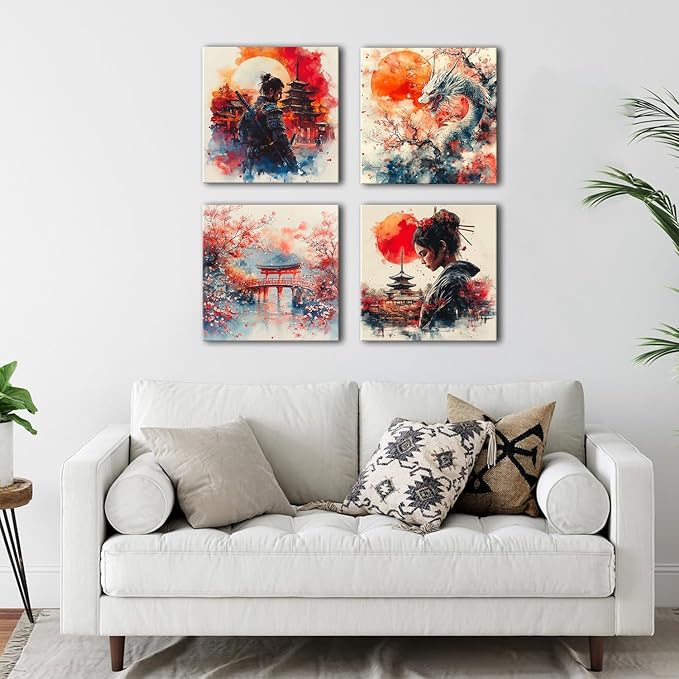 Japanese Wall Art Vintage Abstract Warrior Armored Geisha Canvas Pictures for Living Room Nature Landscape Oriental Posters Asian Dragon Japan Wall Decor Bedroom Office Home Decorations 12x12" 4 Pcs