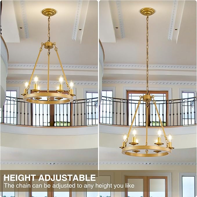 6-Light Gold Wagon Wheel Chandelier, Modern Farmhouse Chandelier Rustic Industrial Round Small Wagon Wheel Light for Dining Room, Kitchen, Bedroom, Living Room,Entryways