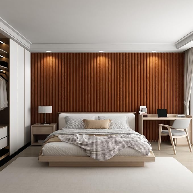 8-Pack WPC Wall Panels 118’’ x 6.1’’ 3D Slat Wall Panel Acoustic Wall Paneling for Interior Wall Decor TV Background Kitchen Bedroom Teak