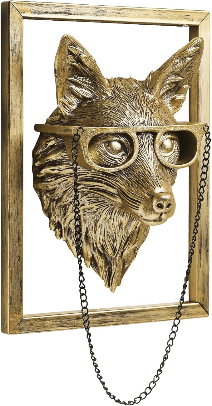 Newinhome Animal Heads Wall Decoration (Gift Metal Frame) Resin Animals Sculptures Head Wall Hanging Decor Gold vintage Wall Sculpture for Living Room Bedroom Office(Fox)