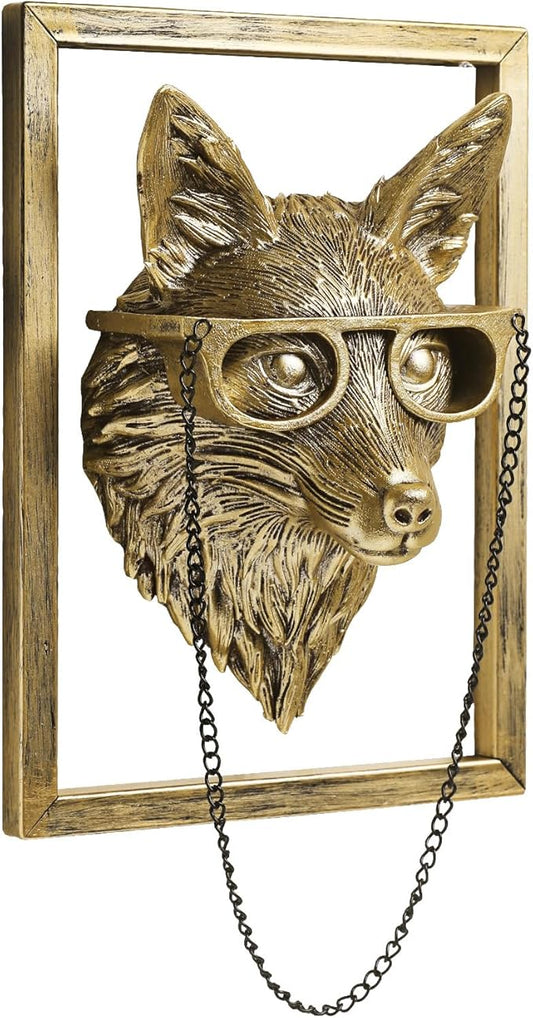 Newinhome Animal Heads Wall Decoration (Gift Metal Frame) Resin Animals Sculptures Head Wall Hanging Decor Gold vintage Wall Sculpture for Living Room Bedroom Office(Fox)