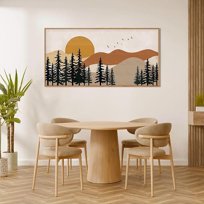 Boho Mountain Framed Canvas Wall Art Set,Nature Forest Pine Tree Wall Decor,Mid Century Sunset Landscape Artwork for Living Room,Bedroom-20 x40