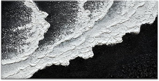 Black and White Beach Wave Textured Wall Art 3D Oil Painting Hand Painted Abstract Canvas Framed 48x24 Inch Acrylic Painting