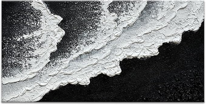 Black and White Beach Wave Textured Wall Art 3D Oil Painting Hand Painted Abstract Canvas Framed 40x20 Inch Acrylic Painting