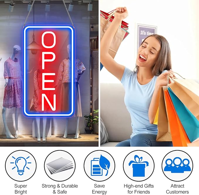 22.8"x 11.8" Ultra Bright 12V Neon Open Sign for Business, LED Open Neon Sign, Electric Light up Signs for Stores, Restaurants Offices Retail Shops Window (Blue-Red-Vertical)