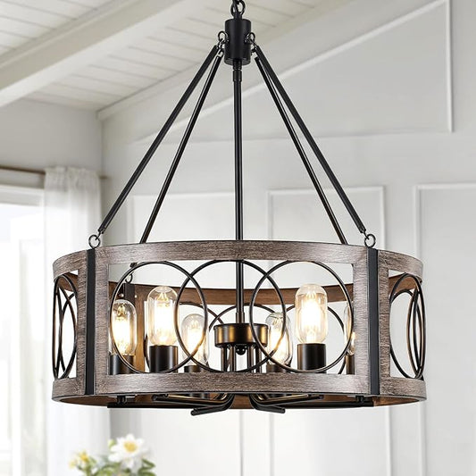 21.6'' Farmhouse Chandelier for Dining Room 6-Light Rustic Chandeliers Metal Black and Wood Grain Finish Drum Light Fixture for Bedroom Living Room Entryway Foyer Kitchen Island Lighting, E26