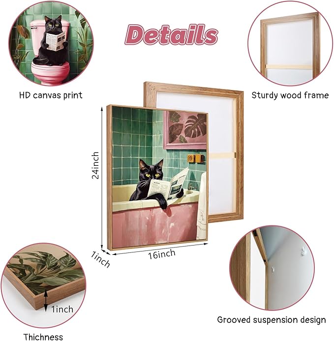 CHDITB Bathroom Black Cat Framed Canvas Wall Art Set, Funny Bathroom Wall Decor, Pink Green Toilet Artwork Black Cat Toilet Wall Painting, Tropical Art Prints Modern Home Decor - Large Size 16"x24"x3