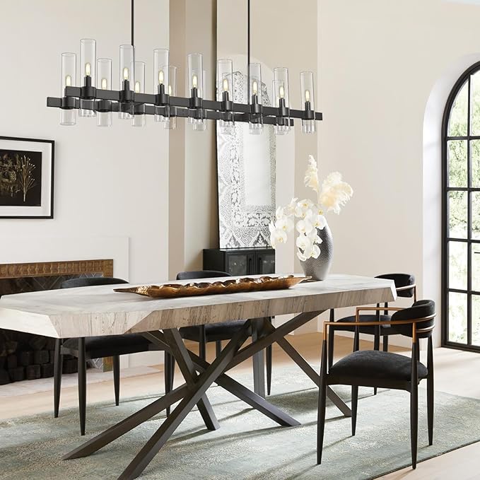 Modern Black Linear Chandelier for Dining Room, 54'' Rectangular Dining Chandeliers Over Dining Table 16 Light, Linear Chandelier Lighting Fixture with Glass over Kitchen Island, Includes Bulbs