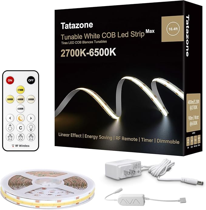 6.56ft Tunable White COB Led Strip Light with RF Remote, CRI93+ Dimmable CCT 2700K-6500K COB Led Tape Lights, Adhesive High Density Led Light Strip for Bedroom, Kitchen, Cabinet