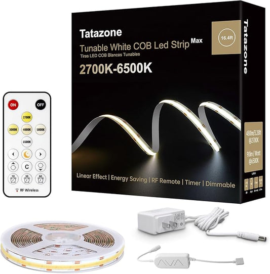 6.56ft Tunable White COB Led Strip Light with RF Remote, CRI93+ Dimmable CCT 2700K-6500K COB Led Tape Lights, Adhesive High Density Led Light Strip for Bedroom, Kitchen, Cabinet