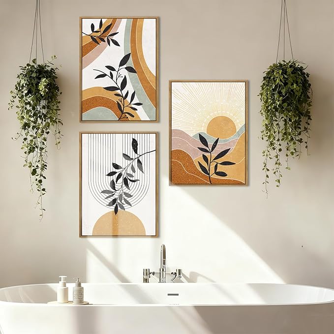 BINCUE Boho Line Wall Art Abstract Plant Wall Decor Mid Century Artwork for Living Room Bedroom Office 12"x16" Set of 3