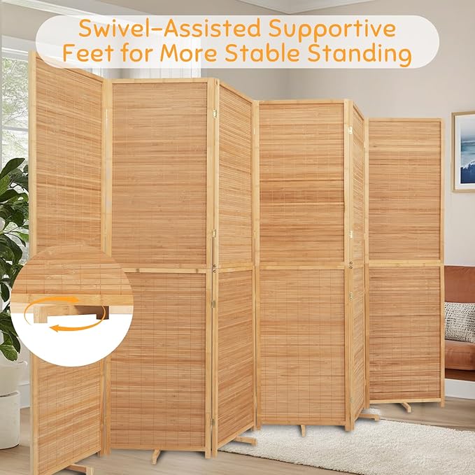 Bamboo Room Divider Folding Privacy Screens, Wall Divider for Room Separation, Portable Room Partitions and Dividers, 5.6FT Bamboo Mesh Woven Room Divider Panel (Brown, 6 Panel)