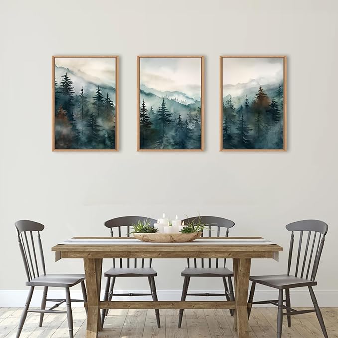KAIRNE Watercolor Misty Forest Framed Canvas Wall Art Set, Nature Landscape Wall Decor, Foggy Mountain Pine Trees Wall Painting, Jungle Scenery Artwork for Living Room, Bedroom, Office - 24"x36"x3