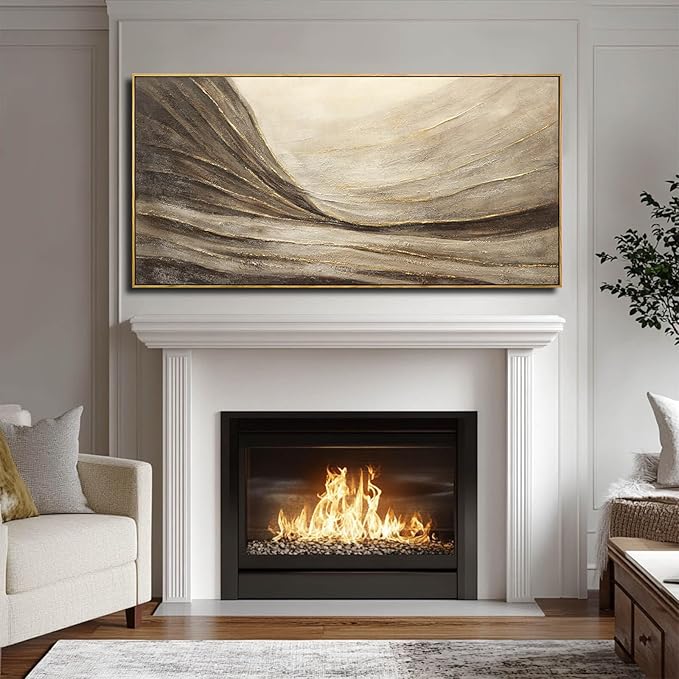 Modern Abstract Wall Art with Frame Brown and Grey Painting Wave Poster Line Canvas for Living Room Bedroom Textured Home Decor 24x48 Inch