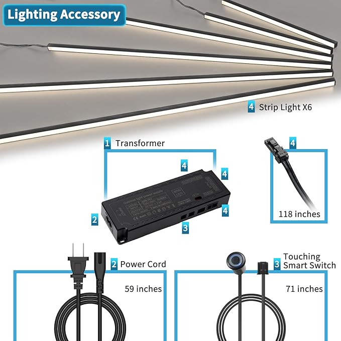 Art3d LED Recessed Lighting Kit - 6pcs Self-adhesive White LED Light with Smart Switch, 3000k Touching Switch Light for Wood Slat Wall Panels, Headboards, Stairs, Home decor, Under Cabinet Strip Light