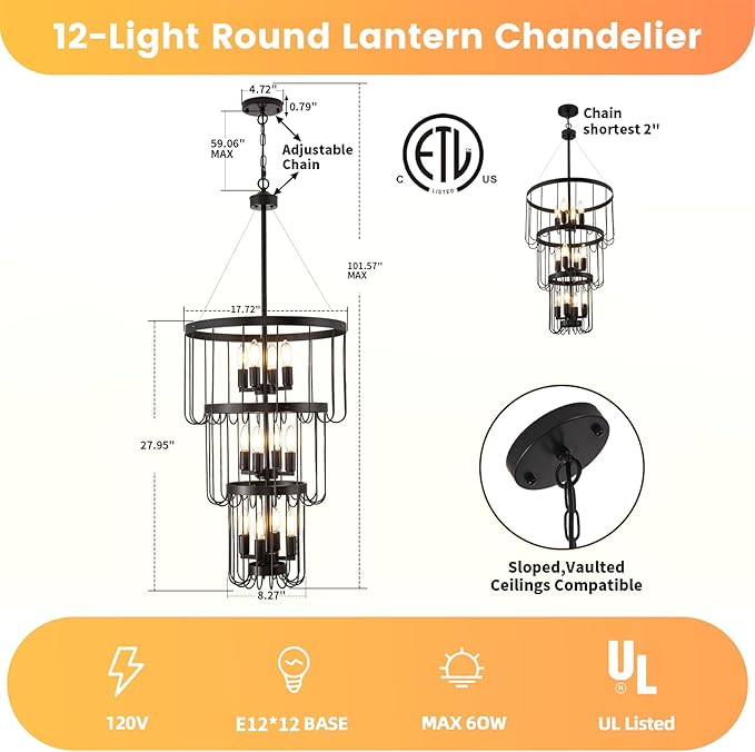 Black Chandelier, 12-Light Farmhouse Chandelier for Entryway, Industrial Foyer Lighting Fixtures, Large Chandeliers for High Ceilings, Modern Hanging Pendant Lights for Staircase, Entryway