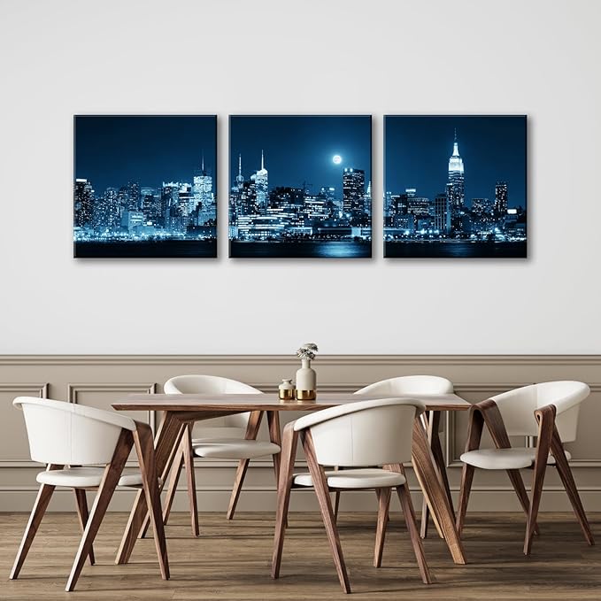 NAN Wind 3-Piece Modern Manhattan Night Skyline Canvas Art Blue Moon Urban Cityscape Wall Decor Contemporary NYC-Inspired Night View Panoramic Prints Framed City Canvas Set for Home Office Living Room