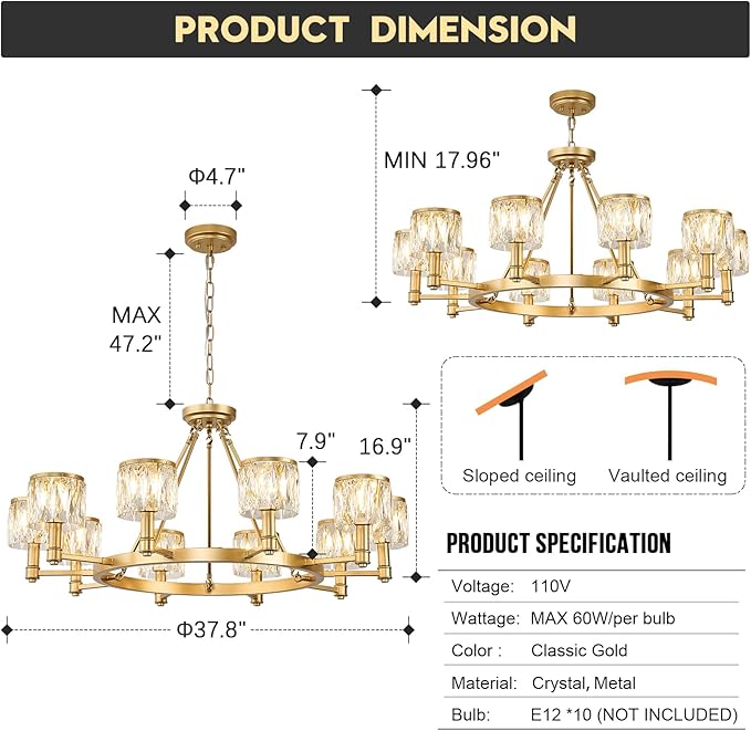 10-Light Crystal Glass Chandelier Round 38" Gold Wagon Wheel Chandelier Modern Crystal Entry Light Fixture with Adjustable Chain for Dining Room Foyer Bedroom