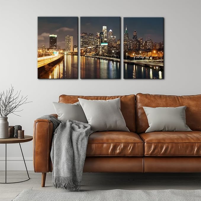 Pacimo - Cityscape Canvas Wall Art - Philadelphia Skyline with Urban Architecture - Modern Artwork Painting Prints for Home Decor Gallery Wrapped Stretched and Framed Ready to Hang - 20"x28"x3 Panels