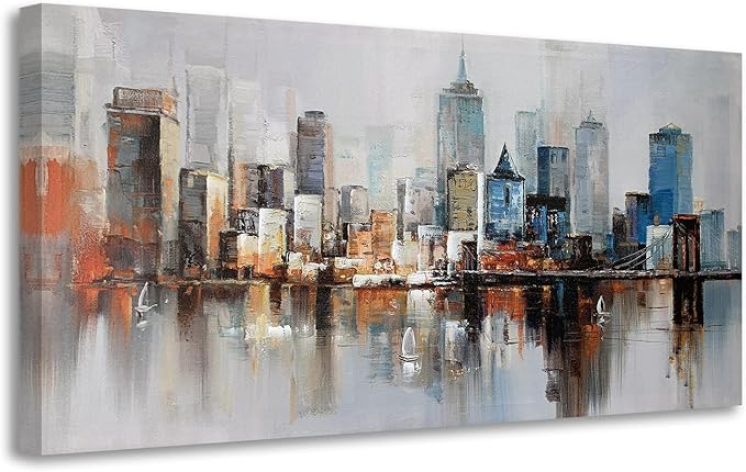 Arjun Brooklyn Bridge Wall Art Modern New York City Abstract Canvas Cityscape NY Painting Large Framed Colorful NYC Skyline Textured Picture for Living Room Bedroom Home Office Wall Decor, 48"x24"