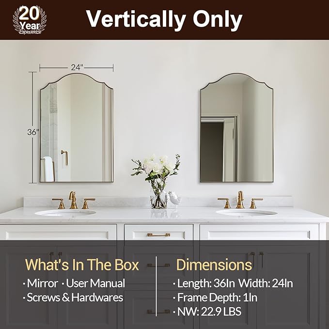 ANDY STAR Scalloped Arched Mirror, 24x36 Inch Brushed Gold Mantle Mirror with Stainless Steel Metal Frame, Modern Wall Mirrors for Bathroom, Bedroom, Fireplace, Living Room, Entryway Hangs Vertically