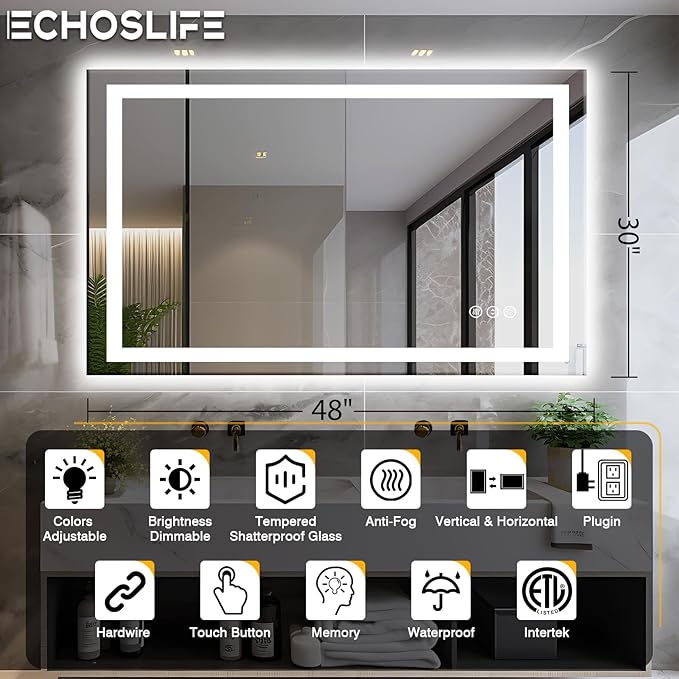 48"x30" LED Bathroom Mirror with Front & Backlit, Anti-Fog, Dimmable, Plugin/Hardwired, Shatterproof & Corrosion Proof, Wall Mount, Modern Style