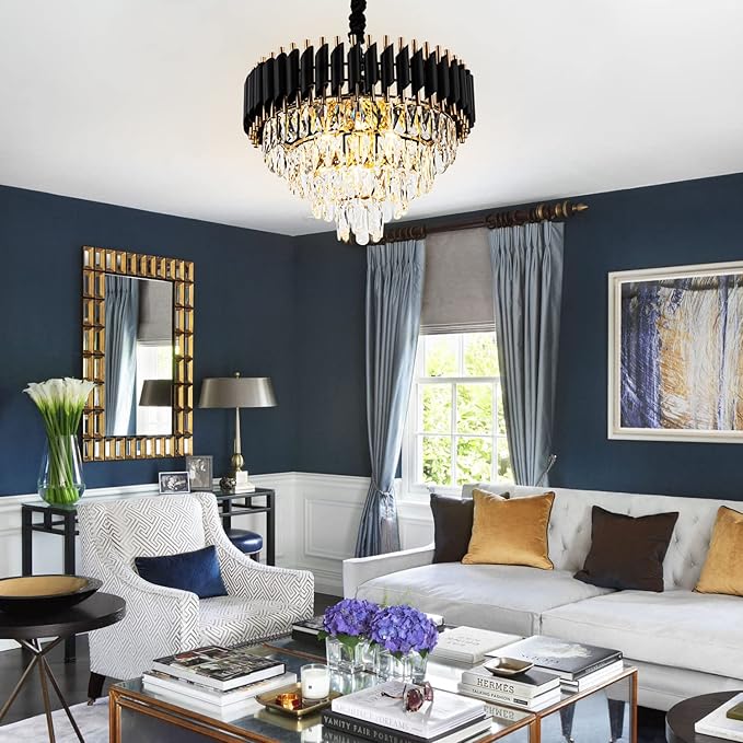 20.5" 7-Light Modern Crystal Chandelier Light Fixtures 4-Tier Black Gold Luxury Chandeliers for Dining Room Round Hanging Pendant Lighting for Living Room Kitchen Entryway Bedroom Hallway