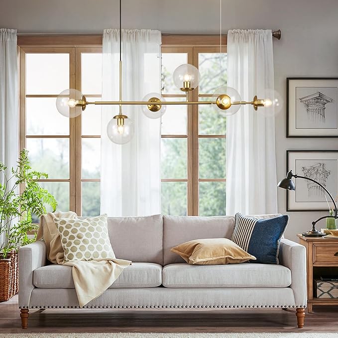 KCO Lighting 6 Light Bubble Chandelier Lighting Clear Glass Globe Chandelier Brass Gold Linear Pendant Light Mid Century Modern Pendant Light for Living Room Kitchen Island Dining Room