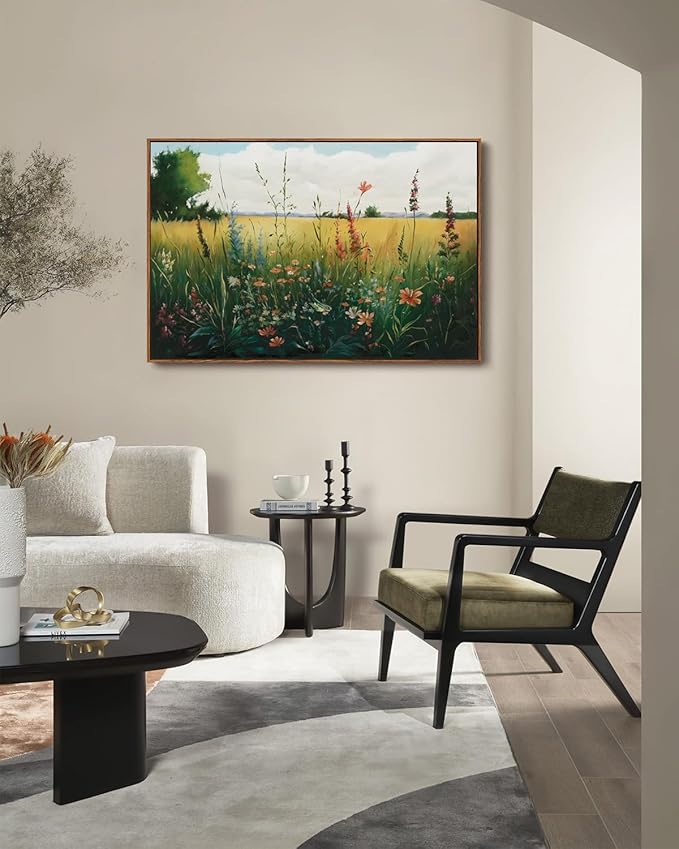 KISSFOX Vintage Wildflower Field Landscape Framed Wall Art Summer Countryside Meadow Canvas Art Farmhouse Rustic Paintings Artwork Nature Serene Art Prints For Kitchen Living room Bedroom