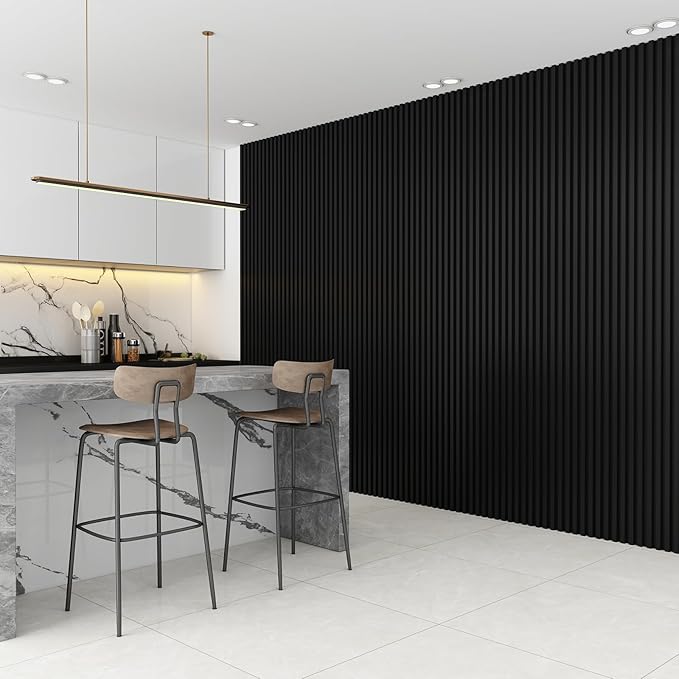 8-Pack WPC Wall Panels 108’’ x 6.1’’ 3D Slat Wall Panel Acoustic Wall Paneling for Interior Wall Decor TV Background Kitchen Bedroom Black