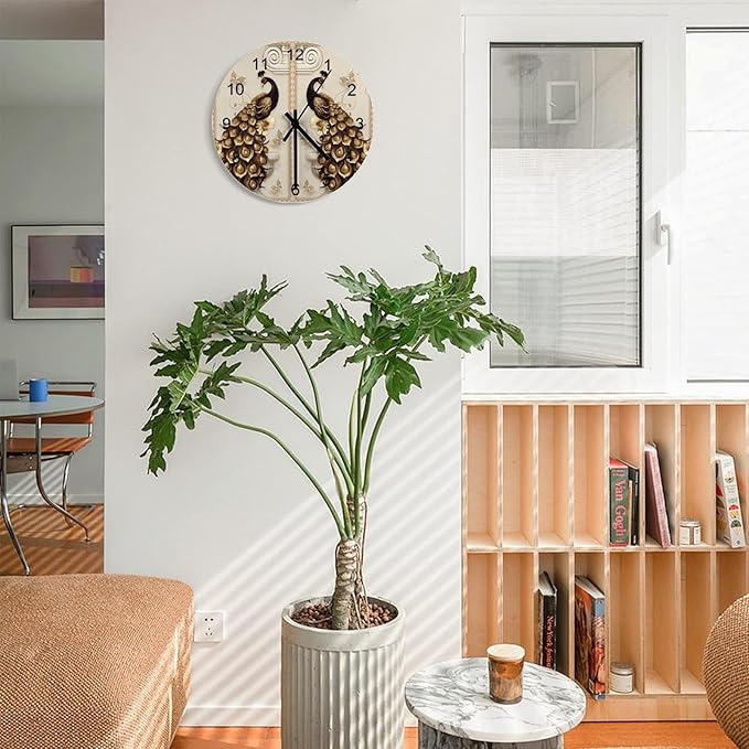 Classic and Retro Peacock Round Wall Clock, Asian Luxurious Art Peacock Feather Watercolor Peacock Feather Animal Retro Grey Modern Room Wooden Silent Wall Clock 12x12INCH