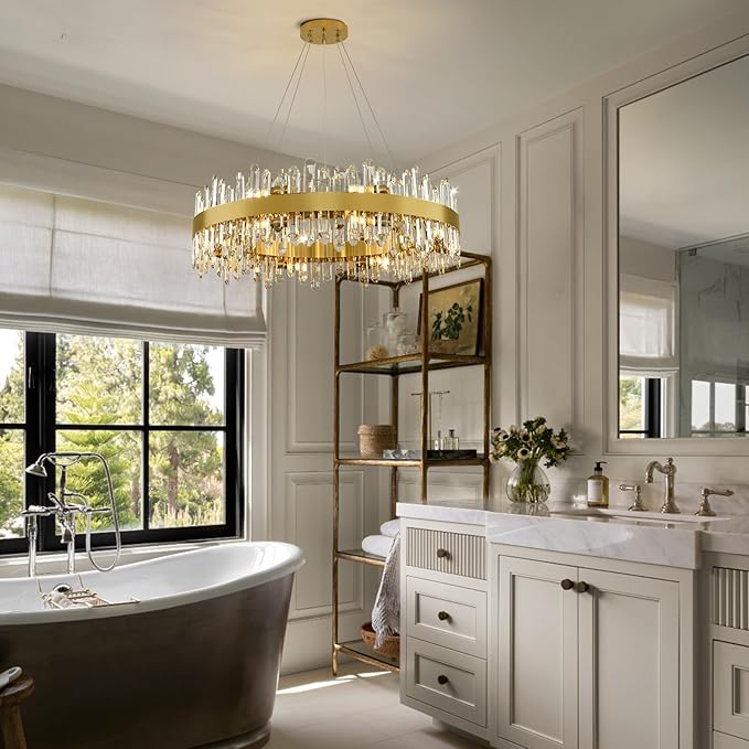 Modern Crystal Chandelier, 16-Lights Round Chandelier for Dining Room 2 Tiers, 32'' Gold Adjustable Raindrop Chandeliers for Bedroom, Dining Chandeliers Over Table for Living Room, Bathroom