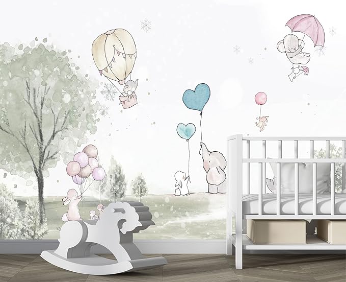 Cartoon Elephant Rabbit Balloon Nursery Wall Mural Wallpaper 103" x 69"