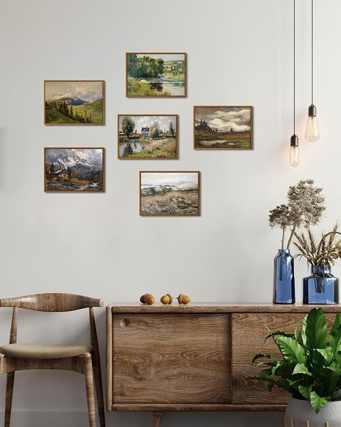 KISSFOX Vintage Landscape Canvas Wall Art Neutral Farmhouse Hills Lake Framed Wall Art Serene Countryside Paintings Artwork Rustic Art Prints For Bedroom Living Room