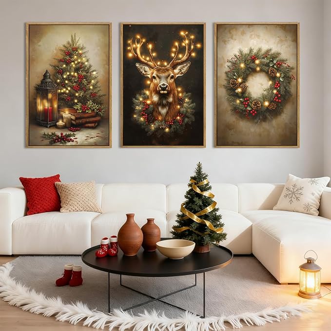 Anyzal Large Christmas Wall Art Winter Christmas Tree Prints Santa Elk Wall Decor for Living Room Bedroom Dining Room 24x36 Inch