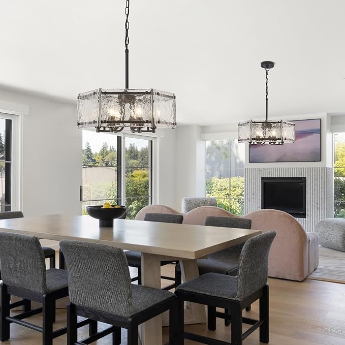 6-Light Black Glass Chandelier, 18.7" Modern Textured Glass Drum Chandelier for Dining Room, Farmhouse Round Hanging Light Fixture for Dining Room Kitchen Island Living Room Hallway Bedroom