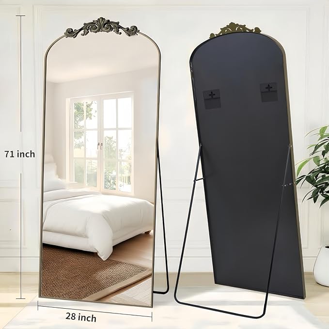 Arched Full Length Mirror, 71"x28" Full Body Mirrors with Carved, Floor Mirror for HomeDecor, Standing/Halling Large Wall Mirror for Bedroom, Living Room, Cloakroom, Bronze, Retro Style