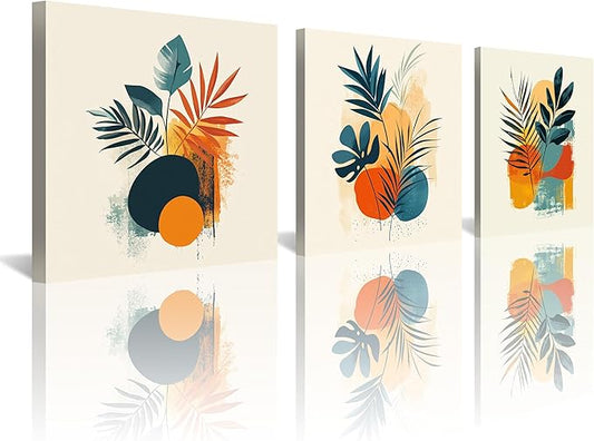 NAN Wind 3Pcs Modern Abstract Botanical Canvas Wall Art Colorful Leaf Prints Contemporary Floral Art for Living Room Minimalist Plant Decor Geometric Canvas Set Ready to Hang for Home Decor