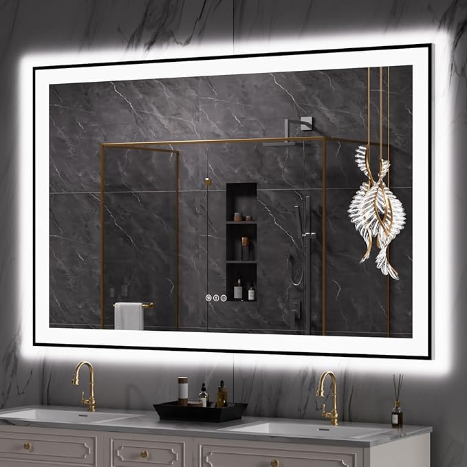 LOAAO 55"X36" LED Bathroom Mirror Black Framed, Anti-Fog, Dimmable, Lighted Bathroom Vanity Mirror for Wall, Memory Function, Tempered Glass