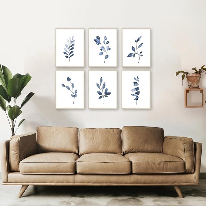 Navy Blue Botanical Wall Art Set of 6 Unframed, Minimalist Abstract Botanical Prints Watercolor Blue White Leaf Plant Wall Decor Canvas Painting, Boho Floral Botanical Wall Decor for Bathroom, Living Room
