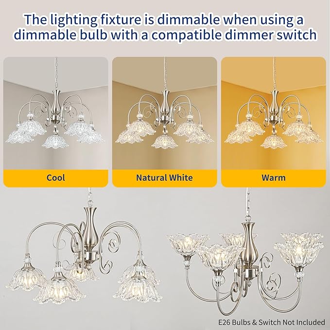 5-Light Chandeliers in Brushed Nickel Finish with Crystal Glass Shades, Brushed Nickel Chandelier Light for Dining Room,Hallway,Kitchen
