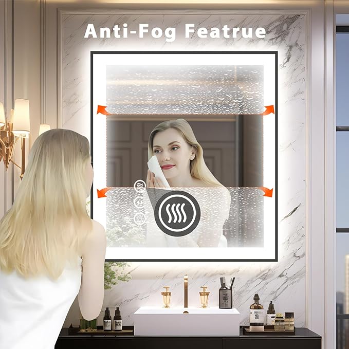 32x36 LED Mirror for Bathroom, Black Metal Framed, Vanity Mirror with Lights, 3 Color Modes, Dimmable CRI90+, Double Lights, Anti-Fog, Shatter-Proof, Waterproof, Memory (Horizontal/Vertical)