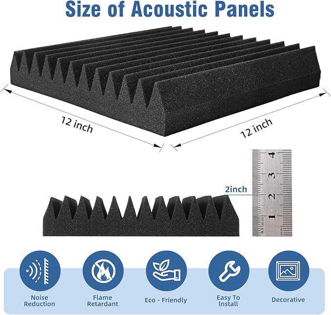 Acoustic Panels Foam for Walls, Sound Absorbing Panels, High Density Soundproof Panels Fire Resistant for Studio Recording 2"x12"x12" (Black, 50 Pack)