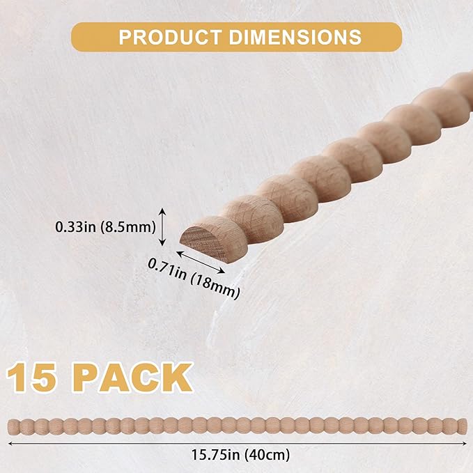 15-Pack 15.75" Unfinished Wood Beaded Trim - Easy to Paint, Cute Decorative Molding DIY Craft for Furniture Frame, Mirror Edge, Wall, Door, Closet, Dresser, Shelf